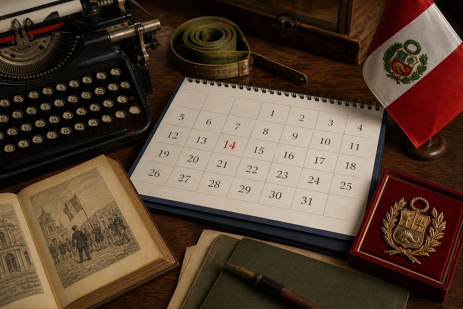 Un calendario con la fecha del 14 de octubre junto a una bandera peruana y objetos antiguos ilustra efemérides e hitos históricos de Perú. (Imagen Ilustrativa Infobae)