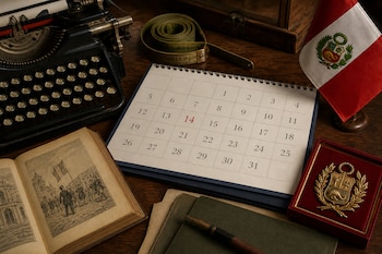Un calendario con el número 14 en rojo, una máquina de escribir, un libro abierto, una cinta métrica y una pequeña bandera de Perú.