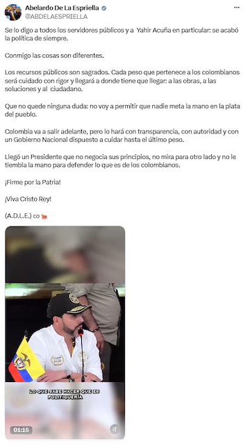 Abelardo de la Espriella anticipó controles sobre fondos para Sincelejo y cuestionó a Yahir Acuña - crédito @ABDELAESPRIELLA/X