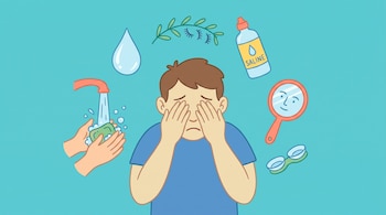 Persona con manos en los ojos. Alrededor hay una gota de agua, solución salina, manos lavándose, un espejo, lentes de contacto y una rama con pestañas.