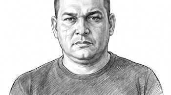 Retrato a lápiz de un hombre con rostro alargado, cicatriz en la mejilla izquierda, cejas gruesas, y camiseta oscura, sobre un fondo blanco.