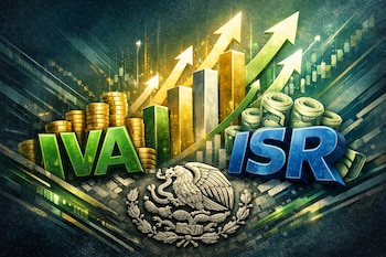 Ilustración de letras verdes IVA con monedas y letras azules ISR con billetes enrollados, escudo mexicano, gráficos de barras y flechas ascendentes.