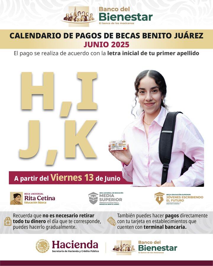 Hoy reciben depósito las y los estudiantes de Media Superior cuyo apellido paterno inicia con H, I, J o K