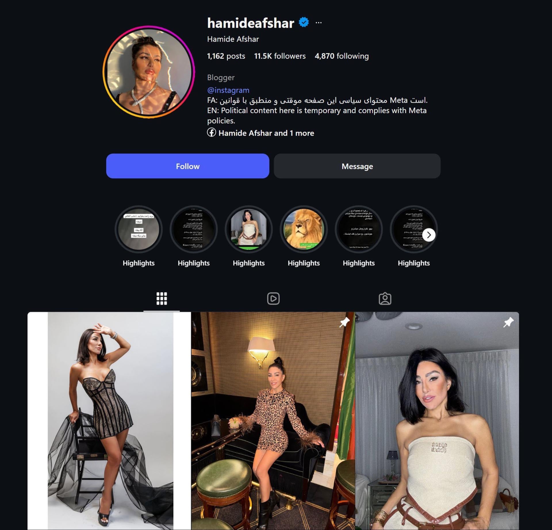 El perfil de redes sociales de Hamide Afshar muestra su presencia digital con publicaciones de moda, estilo de vida y contenido variado, atrayendo a miles de seguidores.