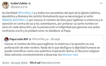 Isabel Zuleta citó al papa León XIV para pedir una sanción eclesiástica contra De la Espriella - crédito @ISAZULETA/X