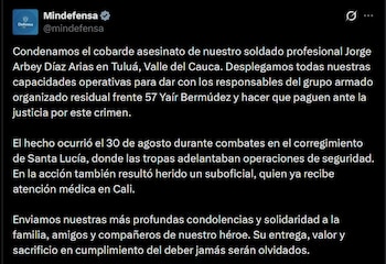 El Ministerio de Defensa rechazó el homicidio del soldado Jorge Arbey Díaz Arias y anunció acciones para ubicar a los responsables y llevarlos ante la justicia - crédito @mindefensa / X