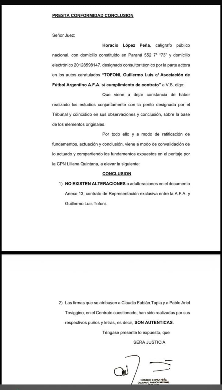 La conclusión pericial de Horacio López Peña confirma la autenticidad de las firmas de Claudio Tapia y Pablo Toviggino en el contrato de la AFA con Tofoni, lo que podría agravar su situación legal (Imagen Ilustrativa Infobae)