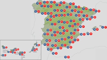 Predicción general de las temperaturas máximas y mínimas del próximo domingo, 5 de abril de 2026. (Aemet)