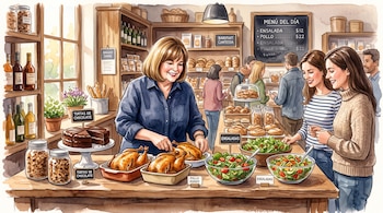 Ilustración en acuarela de una mujer detrás de un mostrador con pollos asados, ensaladas y tortas, con personas de pie al frente.