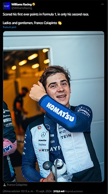 Felicitación de Williams a Colapinto