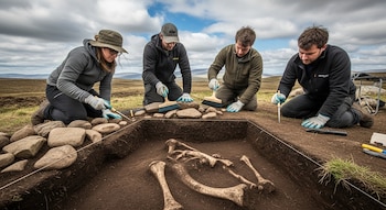 Cuatro arqueólogos, tres hombres y una mujer, excavan cuidadosamente un pozo cuadrado en Escocia, revelando restos óseos con pinceles y herramientas.