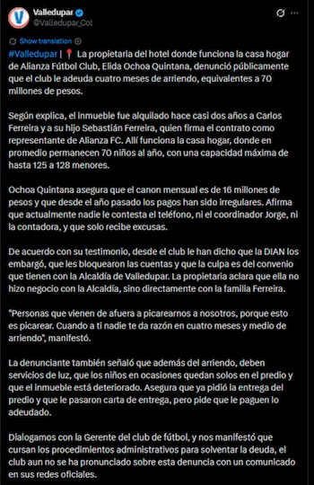Alianza FC afronta una denuncia por una deuda de 70 millones de pesos en el arriendo de su casa hogar en Valledupar-crédito @Valledupar_Col/X