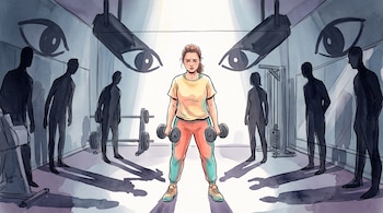 Una mujer sostiene dos mancuernas en el centro de un gimnasio rodeada por siluetas humanas oscuras y sombras con forma de ojos.