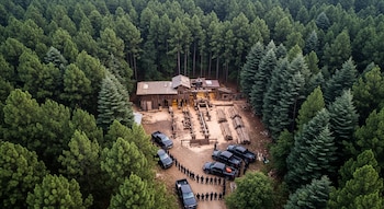 Vista aérea de un aserradero rústico con equipo, troncos de madera, camionetas oscuras y agentes policiales en fila dentro de un bosque.