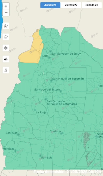 Un mapa meteorológico de Argentina muestra alertas de viento. La mayor parte del país está en verde, con una zona amarilla en el noroeste