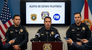 Três homens uniformizados, dois policiais de Plantation e um porta-voz do FBI, deram uma entrevista coletiva em frente a uma tela que dizia 'Interceptação telefônica'.