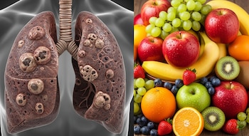 Primer plano de un pulmón con tumores cancerosos a la izquierda y una variedad de frutas coloridas y frescas como manzanas, naranjas y bayas a la derecha.