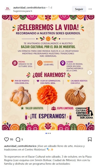 Un cartel digital promociona un bazar cultural con imágenes de pan de muerto, flor de cempasúchil de papel y una calabaza artesanal