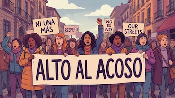 Dibujo de una protesta callejera de mujeres diversas. Llevan pancartas con mensajes como "ALTO AL ACOSO", "NI UNA MÁS" y "RESPETO".