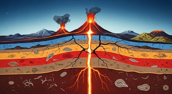 Ilustración conceptual de una corteza terrestre seccionada en el Rift de Turkana, con magma ascendiendo por una fractura central, volcanes activos y capas geológicas con fósiles.