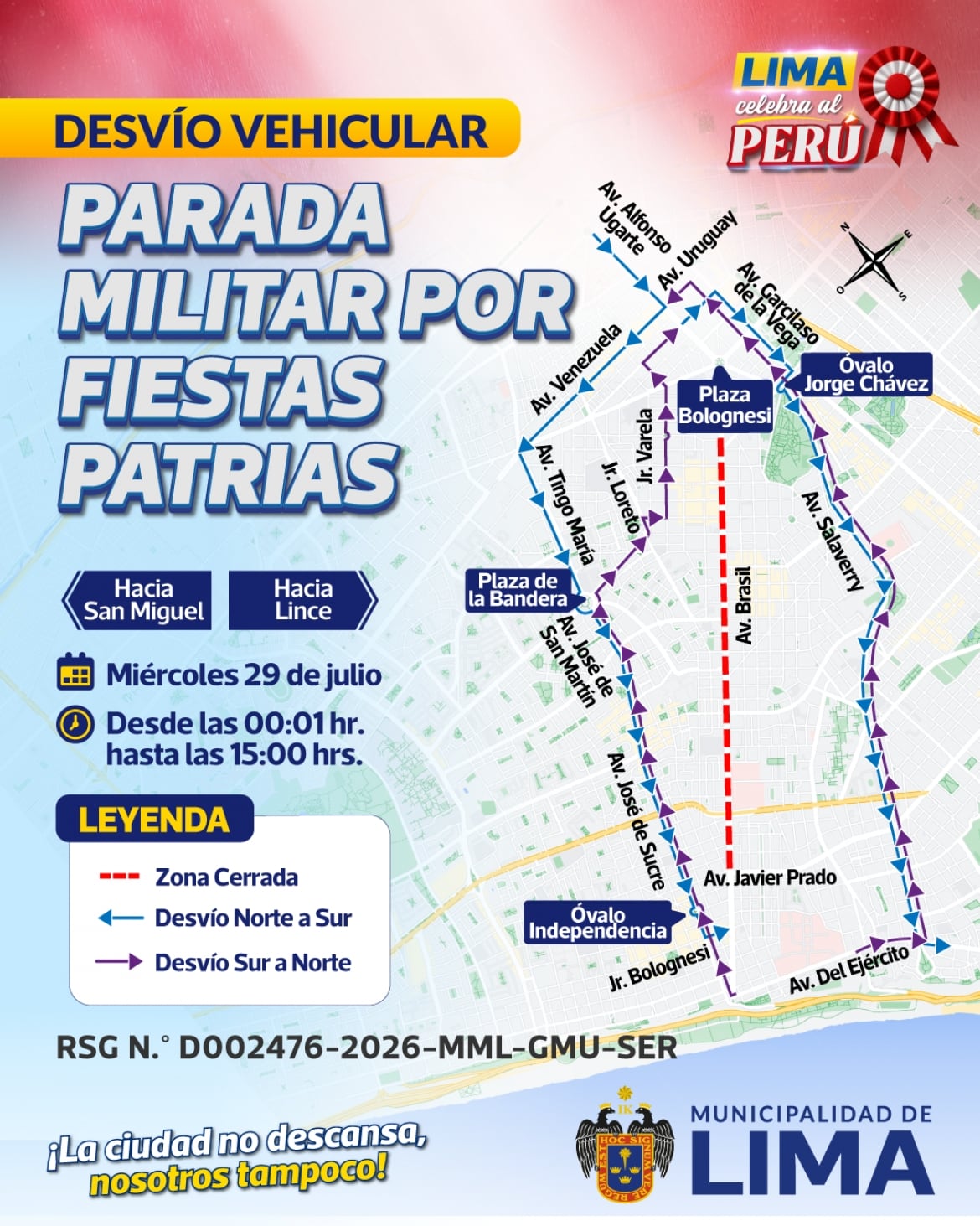 Un mapa de la Municipalidad de Lima ilustra el plan de desvío vehicular y cierre de la avenida Brasil para la Gran Parada y Desfile Cívico Militar del 29 de julio. (Municipalidad de Lima)
