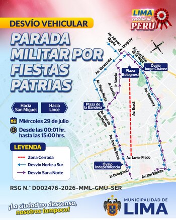 Mapa vial de Lima con cierre de la avenida Brasil, desvíos de tránsito, leyendas, fecha del 29 de julio, y logo de la Municipalidad de Lima