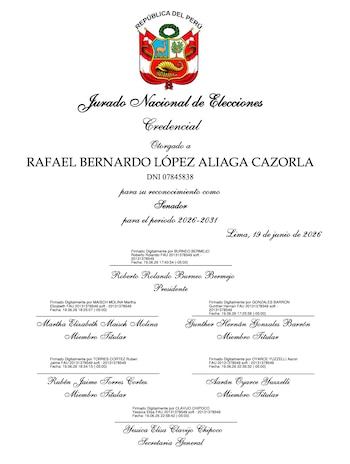 Un documento muestra el escudo de la República del Perú, el texto Jurado Nacional de Elecciones y la credencial de senador de Rafael López Aliaga