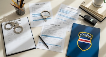 Un escritorio muestra reportes de delitos, esposas, una radio, una carpeta azul con escudo e inscripción POLICÍA de Costa Rica, lápices y libros.