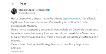 Claudia López le exigió al presidente Gustavo Petro que se pronuncie con respecto a las elecciones en Venezuela - crédito @ClaudiaLopez