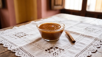 Un recipiente de vidrio con dulce de color ámbar y una rama de canela sobre un mantel blanco bordado sobre una mesa de madera.
