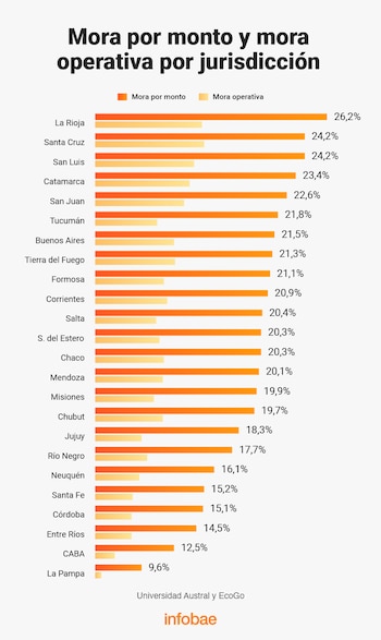 Gráfico de barras horizontales naranja y amarillo con porcentajes de mora por monto y mora operativa en las provincias de la Argentina