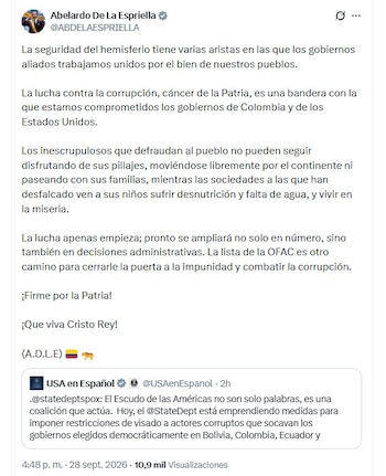 El presidente Abelardo de la Espriella respaldó la decisión de Estados Unidos de revocar las visas de Euclides Torres y Martha Peralta - crédito @ABDELAESPRIELLA/X