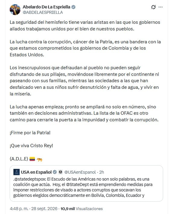 El presidente Abelardo de la Espriella respaldó la decisión de Estados Unidos de revocar las visas de Euclides Torres y Martha Peralta - crédito @ABDELAESPRIELLA/X