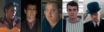En esta combinación de fotografías, los nominados al Oscar a mejor actor, de izquierda a derecha, Austin Butler en "Elvis," Colin Farrell en "The Banshees of Inisherin", Brendan Fraser en "The Whale", Paul Mescal en "Aftersun," y Bill Nighy en "Living". (Warner Bros/Searchlight/A24/A24/Sony Pictures Classics vía AP)