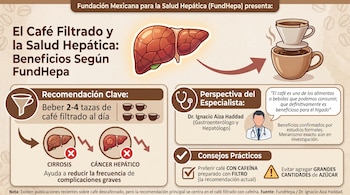 O infográfico mostra os benefícios do café de filtro para o fígado, mostrando um fígado saudável, uma xícara de café e um médico ao lado de um texto explicativo.