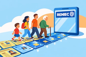 Ilustración de personas diversas (niño, joven, adulto, anciano) caminando sobre tarjetas DNI hacia un dispositivo móvil con el logo de Reniec.