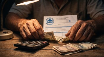 Manos de una persona sobre una mesa de madera con billetes, una calculadora y un documento del Instituto Nicaragüense de Seguridad Social.