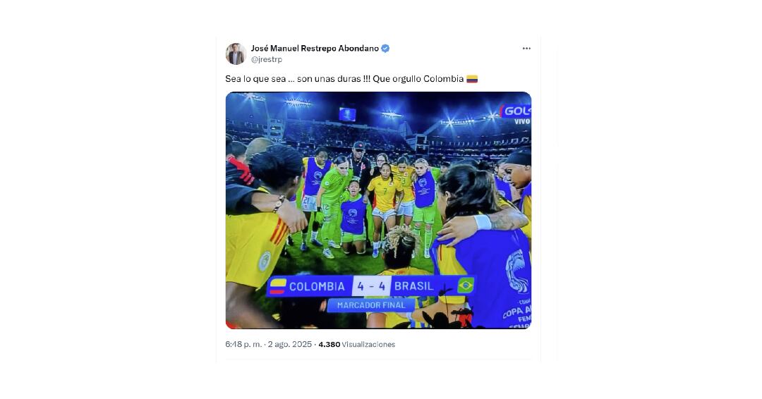 El exministro José Manuel Restrepo felicitó al seleccionado femenino - crédito @jrestrp/X