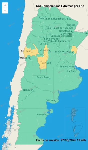 Mapa de Argentina con áreas verdes y amarillas, señalando ciudades y capitales provinciales. Título: SAT Temperaturas Extremas por Frío. Fecha de emisión: 27/06/2026