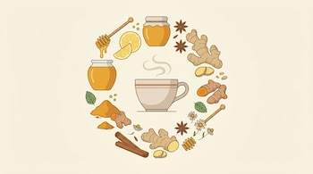 Ilustración de una taza de té humeante con miel, limón, jengibre, cúrcuma, canela, anís estrellado y manzanilla en círculo sobre fondo beige.