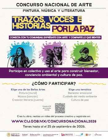 Cartel informativo sobre el Concurso Nacional de Arte con textos, tres ilustraciones de personas creando arte, código QR y logos institucionales