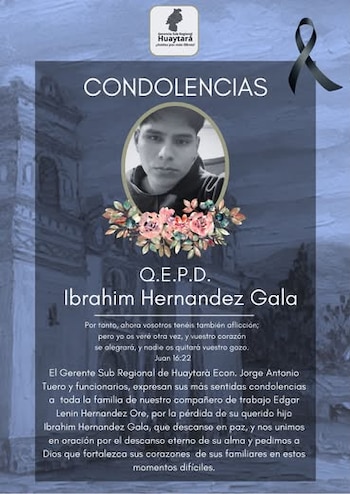 La Gerencia Sub Regional de Huaytará, donde trabaja el padre del joven, expresó sus condolencias mediante un comunicado oficial. Facebook
