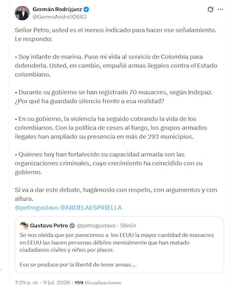 Germán Rodríguez aseguró que el debate debe darse con argumentos técnicos y cifras sobre seguridad y violencia - crédito @GermnAndrs92683/X