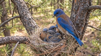 Un ave azul de pecho castaño permanece junto a cuatro polluelos dentro de un nido de paja situado entre las ramas de un árbol.