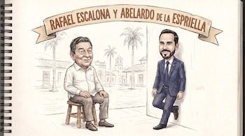 Dibujo de Rafael Escalona sentado en un taburete y Abelardo de la Espriella de pie apoyado en una pared, con un pueblo de fondo y un banner.