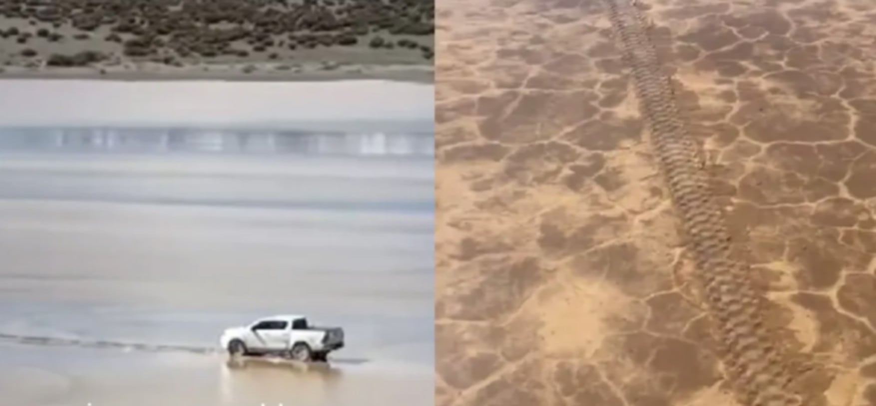 Una camioneta blanca transita por la Pampa de Leoncito, San Juan, y deja profundas huellas en la superficie de la planicie desértica (Diario Los Andes)