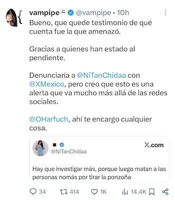 Captura de pantalla de un tuit de @vampipe con texto sobre una amenaza, y una cita de otro tuit de @NiTanChidaa
