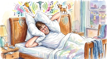 Ilustración en acuarela de un hombre en la cama, cubriendo sus oídos con almohadas. Ruidos de obras, música y un perro ladrando flotan a su alrededor.