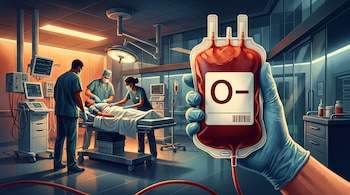 Mano enguantada sostiene una bolsa de sangre O−. Al fondo, personal médico atiende a un paciente en una camilla dentro de una sala de emergencias.