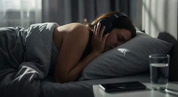Primer plano de una persona recostada de lado en la cama con auriculares negros. Sus ojos están cerrados y una lágrima desciende por su mejilla.